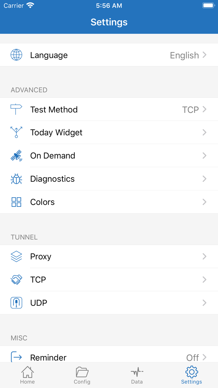 Test Method, On Demand 및 Diagnostics 설정이 표시된 Shadowrocket Settings 공식 스크린샷