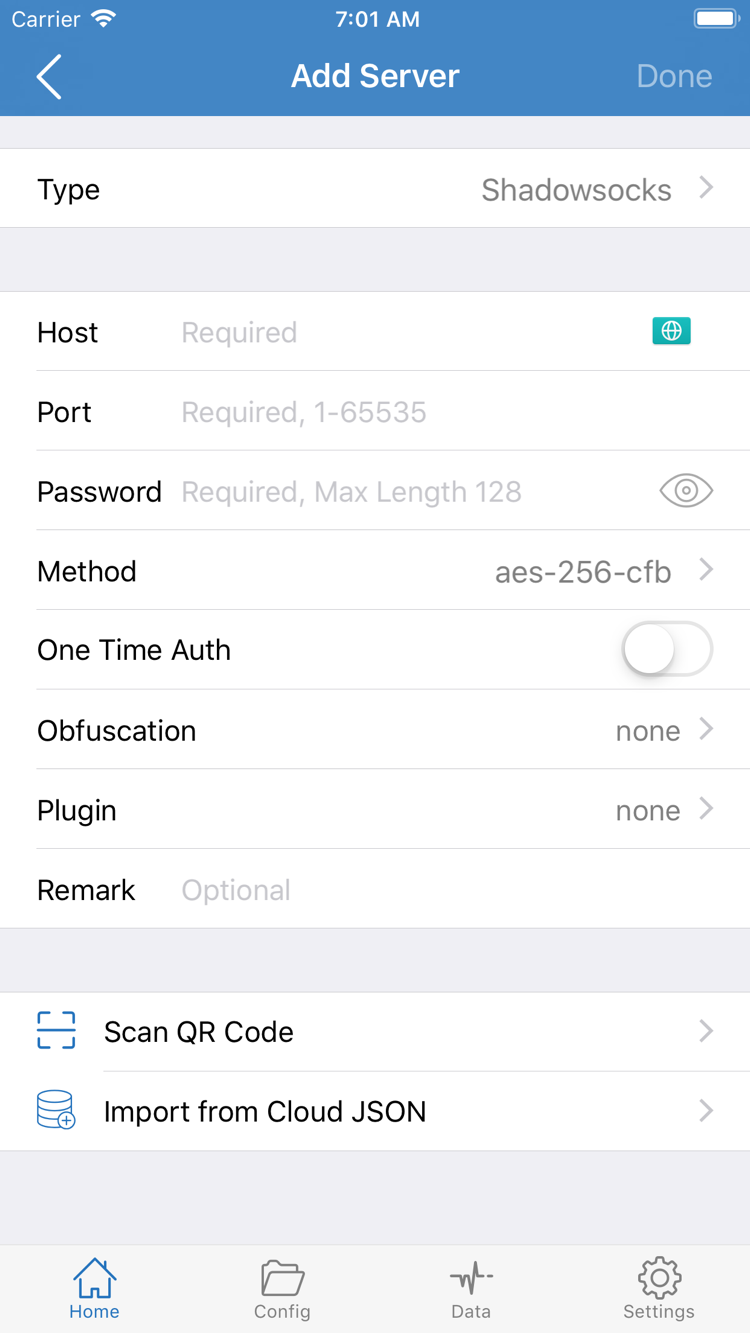 Type, Host, Port 등 서버 항목이 표시된 Shadowrocket Add Server 공식 스크린샷